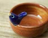 Sweet Little Denim Blue Bird on a Tiny Shino Brown Bowl