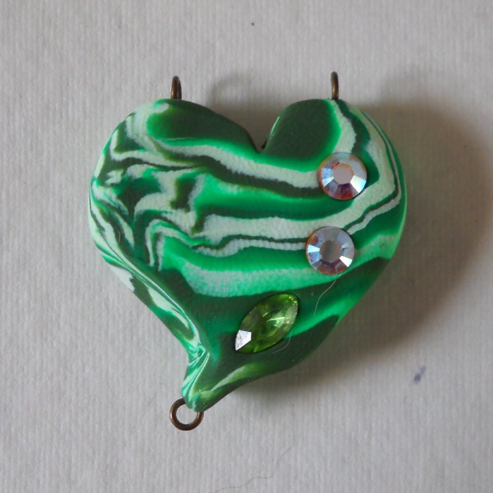 Marbled Greens and White RUSTIC HEART Pendant/Focal/Bead with Swarovski and Vintage Crystals