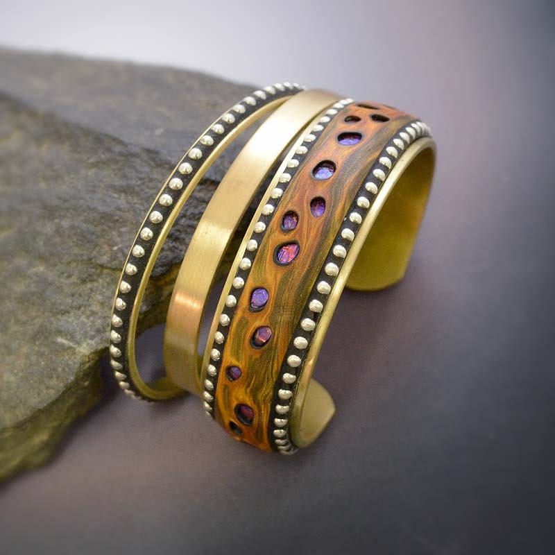 Sterling Silver and Brass Cuff Bracelet Set with faux polymer burl wood pink purple iridescent colors