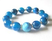 Caribbean Blue Agate Bracelet, Sterling Silver, Stretch Stack Bracelet, Beaded