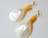 Large White Shell Earrings, Tribal, Yellow Jade on Gold Fill, Wire Wrapped, Beachy