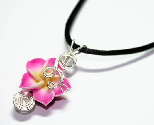 Perfume Pendant - PREMADE - Aromatherapy Wire Wrapped Dark Pink Polymer Clay Tropical Plumeria Flower
