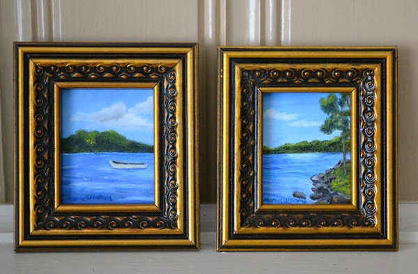 Lake View I & II Oil Paintings / Miniature Art by Maria Williams