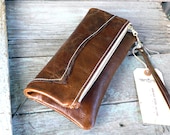 Leather fold over clutch hand made bag / zippered bag