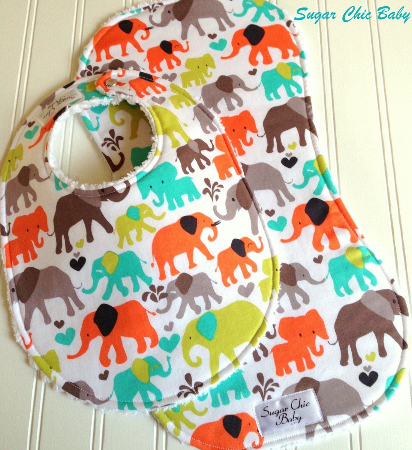 Baby Bib & Burp Cloth Set  -  Triple Layer Chenille  -  Gender Neutral Elephant Walk