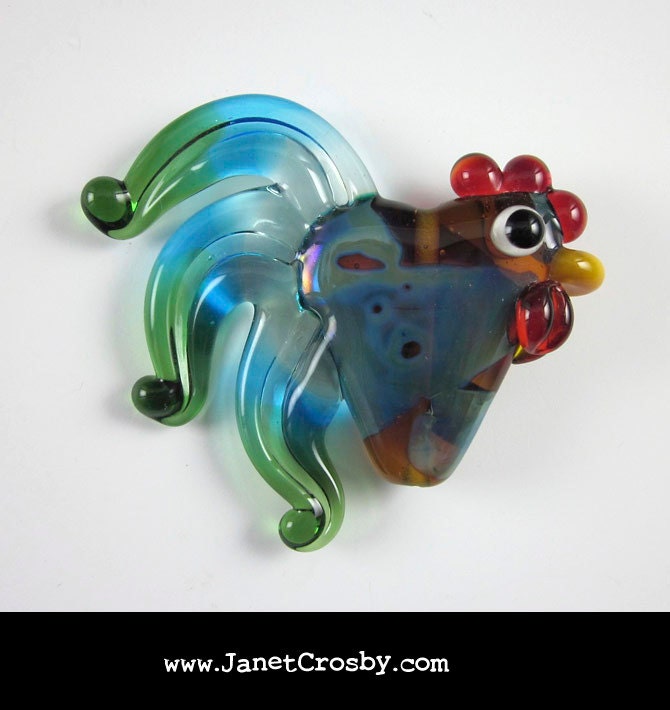 Blue Skies Rooster - Glass Lampwork Chicken Bead