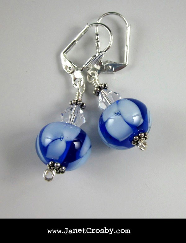 Spring Fling - Cobalt Blue with White Flowers - Glass Lampwork Earrings