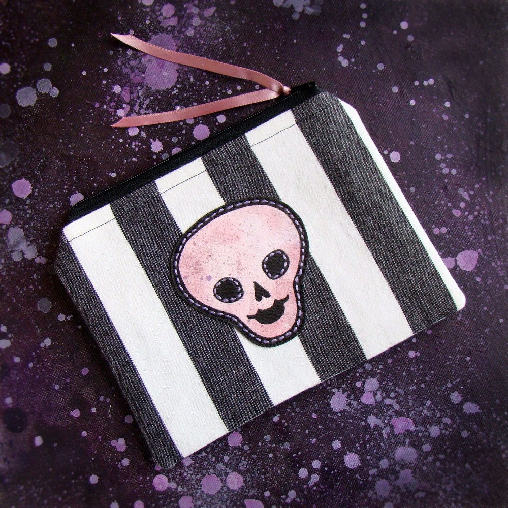 Zipper Pouch - Hand Painted Skull Patch on Striped Fabric