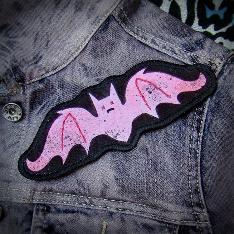 Hand Painted Fabric Patch -Pink Bat-