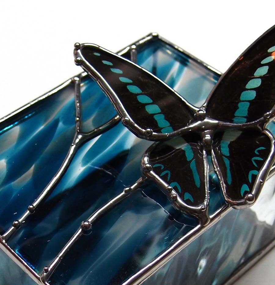 Blue Stained Glass Box with Real Black and Blue Graphium Butterfly