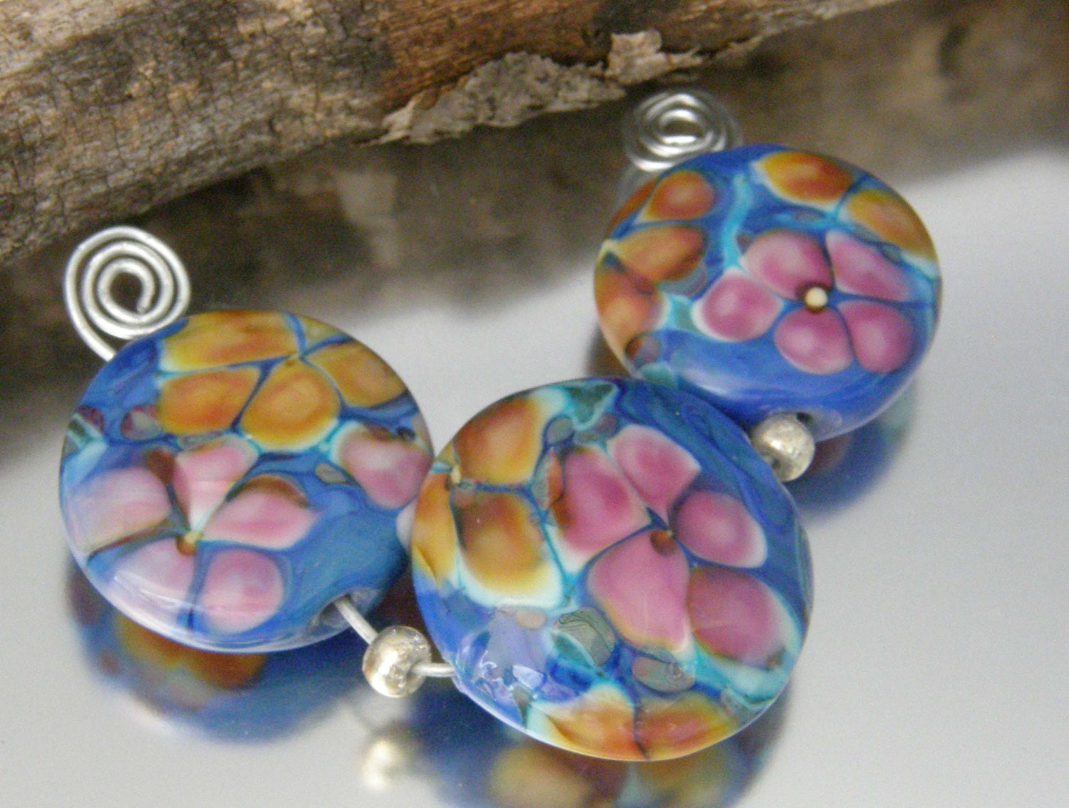 KILLERBEEDZ1 - Summertime Florals - 3 Piece Lentil Lampwork Beads