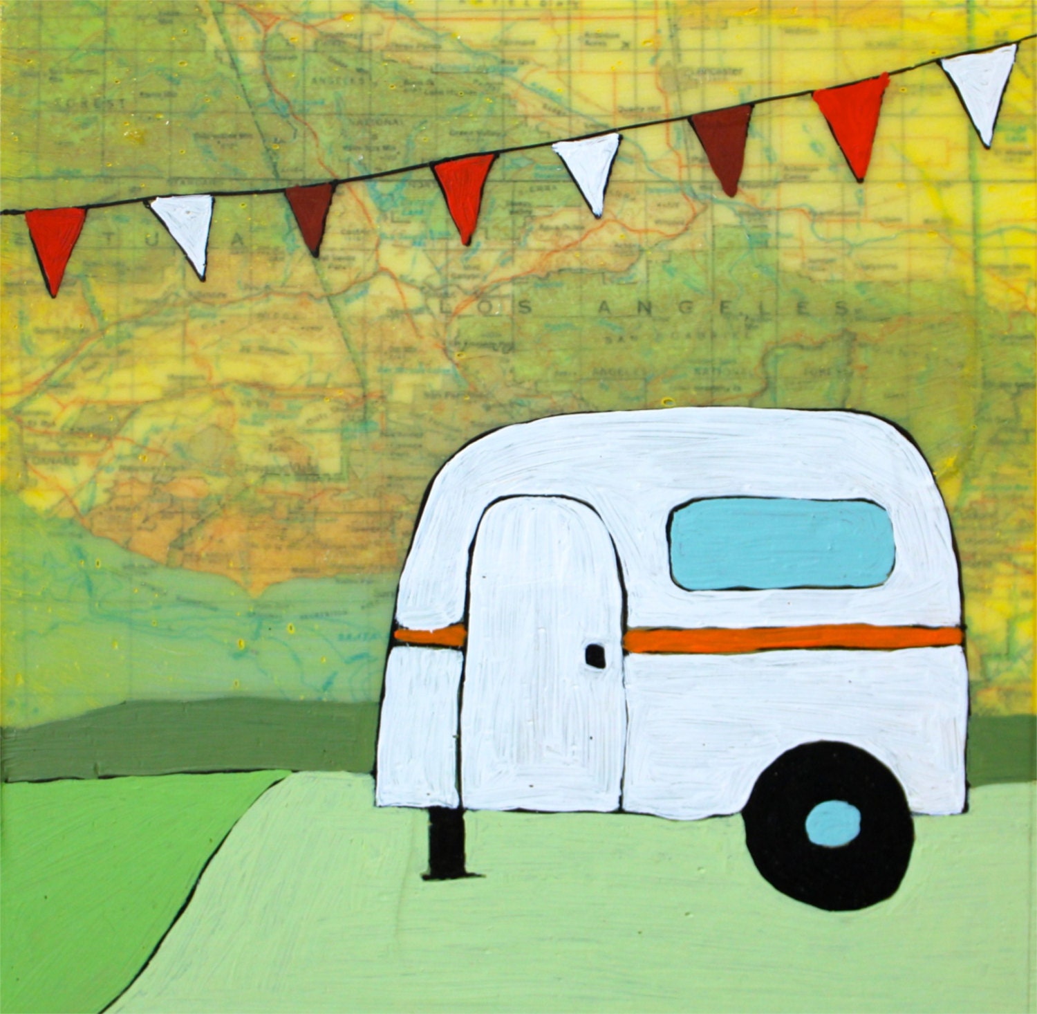 Los Angeles - Original Map Painting 5 x 5 - Airstream trailer art