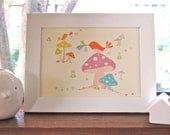 Framed Birdies & Mushrooms Print