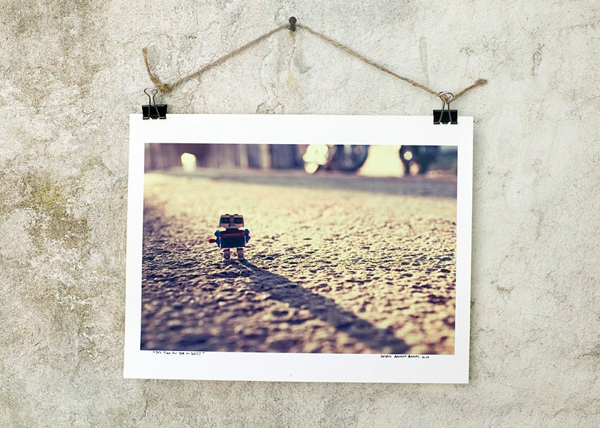 toy vintage robot sunset "Its Time For You To GO" 8x10 print, summer sunset golden light windup toy play shadow