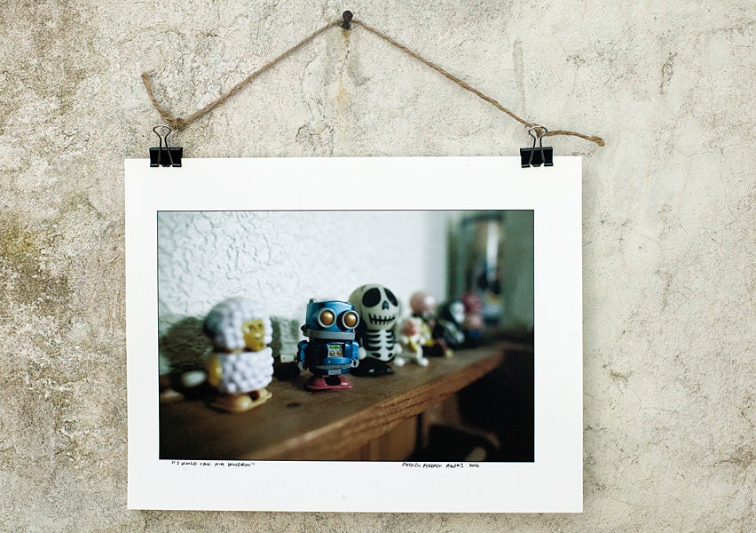 Vintage toy windup robot "I would call him WOODROW" toy photographic print, robot, vintage, wind-up, lamb, kids, children, skull, bathroom