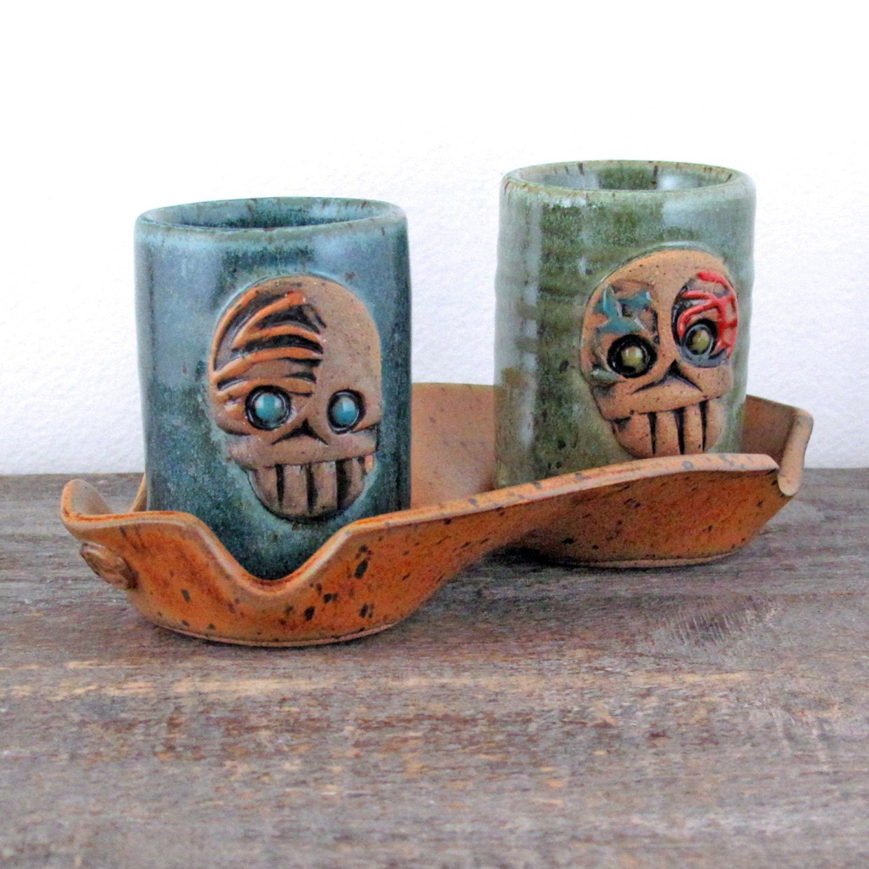 Skully Shot Glasses for Two on Tray - Double Shot - Skull Skeleton - Day of the Dead - Stoneware Handmade Pottery