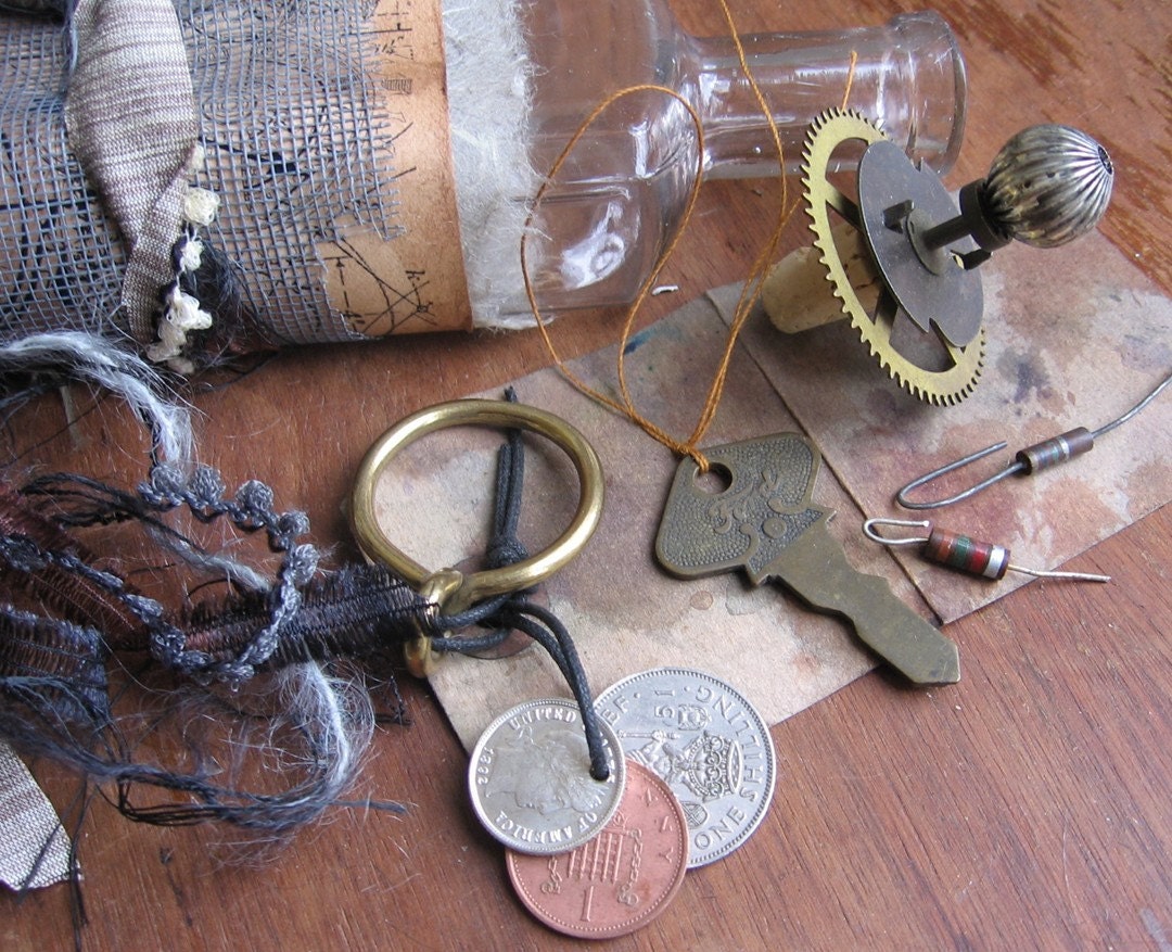 Steampunk altered bottle supplies ARTfully packaged vintage bottle assemblage