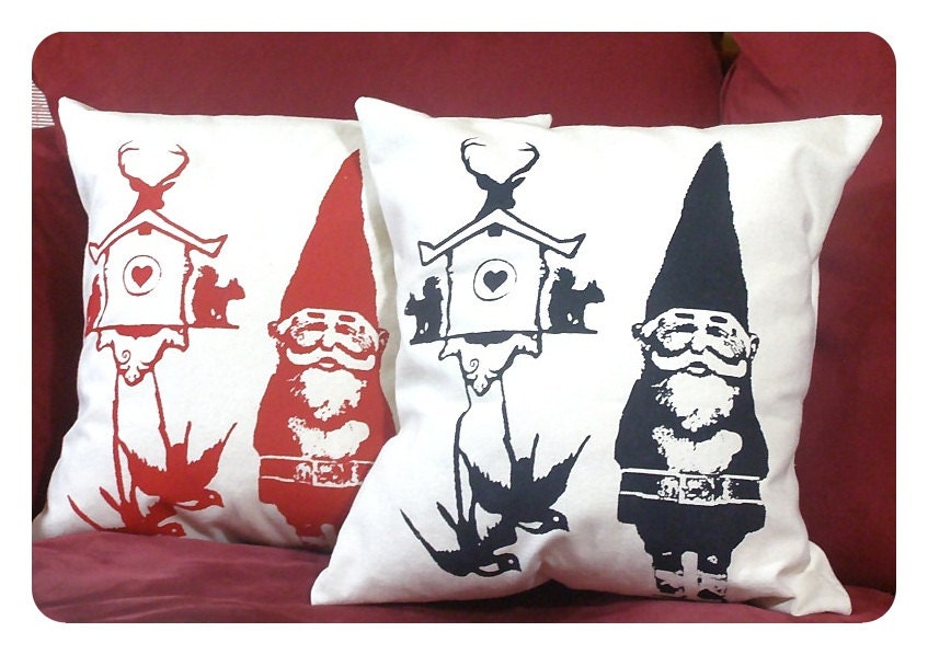 Pillow Gnome Housewares - Thorw Pillow Gnome Cushion Cuckoo Clock Woodland Graphic Red Pillow Screen Printed  Retro Housewares