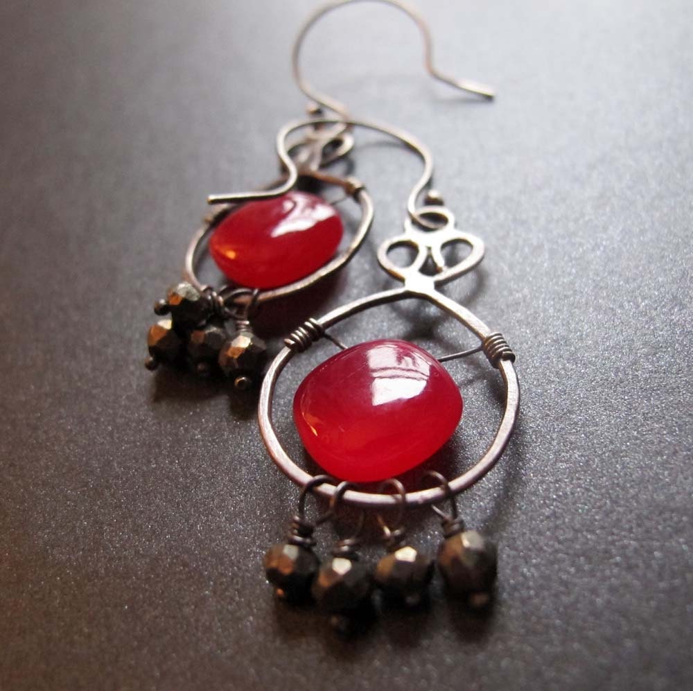 Hot Fuchsia Dark Pink Chalcedony and Pyrite Oxidized Sterling Silver Earrings