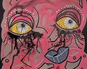 Funky Folk Art Painting Pink Abstract Portrait Collage Urban Graffiti 6x6 Inches Big Eyes