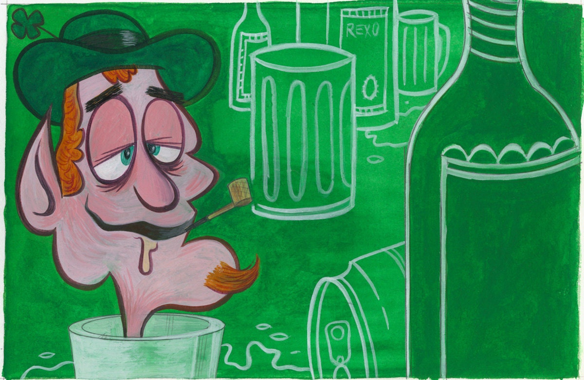 ORIGINAL painting of Drunk Leprachaun by Mike Gorman10x6.5 gouache