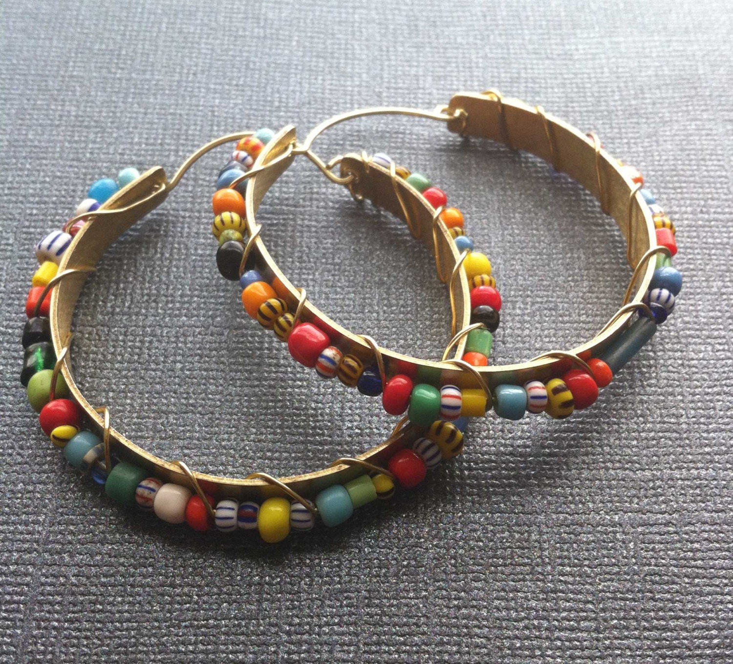 Colorful Beaded Brass Hoops with trade beads