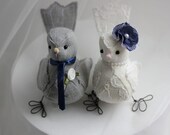 Wedding Love Birds cake topper  -  Fabric Birds Cake topper -  ivory linen lace fabric - Custom Order