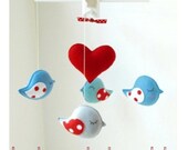 Musical Baby Mobile  BIRD PARADE with HEART (custom color listing) - Hanging Crib Mobile Handmade for Modern Nursery or Playroom Decor