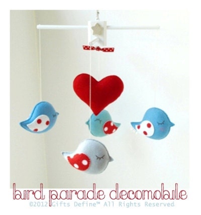 Musical Baby Mobile  BIRD PARADE with HEART (custom color listing) - Hanging Crib Mobile Handmade for Modern Nursery or Playroom Decor