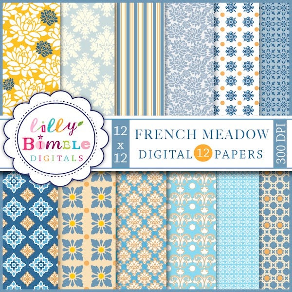 INSTANT DOWNLOAD digital scrapbook papers French Meadow light blue, damask, elegant Il_170x135