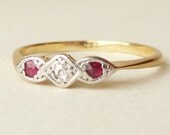 Art Deco Ruby and Diamond Ring, Antique 18ct Gold Diamond & Ruby Engagement Ring, Approx. Size US 6.25 / 6.5
