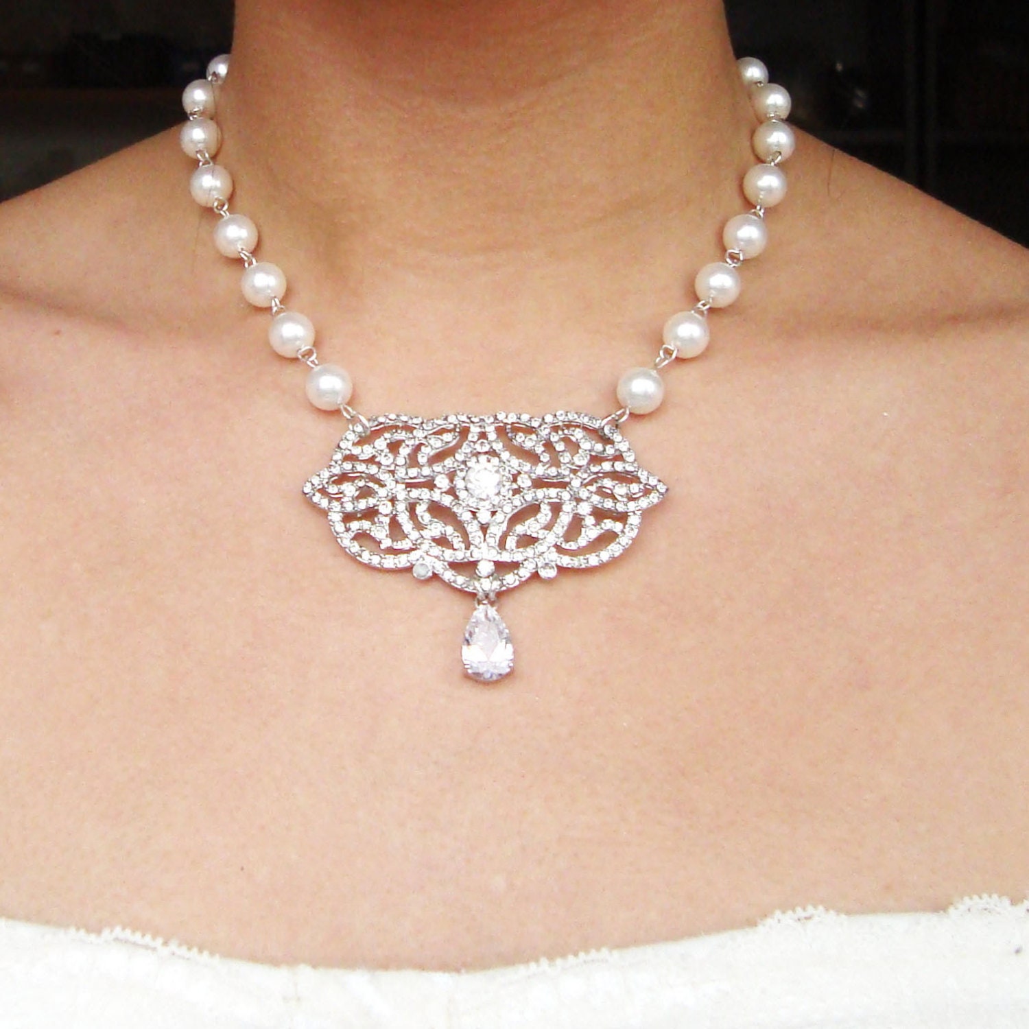 Art Deco Filigree Bridal Necklace, Vintage Style Wedding Necklace, Ivory White Pearl Statement Necklace, Crystal Bridal Jewelry, IRENE