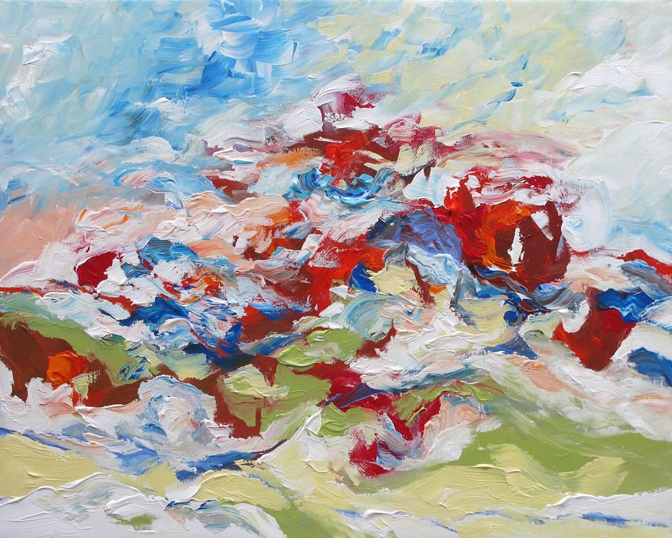 MOVING SALE - Landscape Painting Original Art Abstract or Impressionist Bold Bright Movement Acrylic Painting on Canvas by Linda Monfort