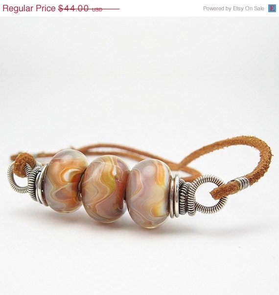 SALE Rusty Necklace, Lampwork Glass, Wire-Wrapped, on Leather