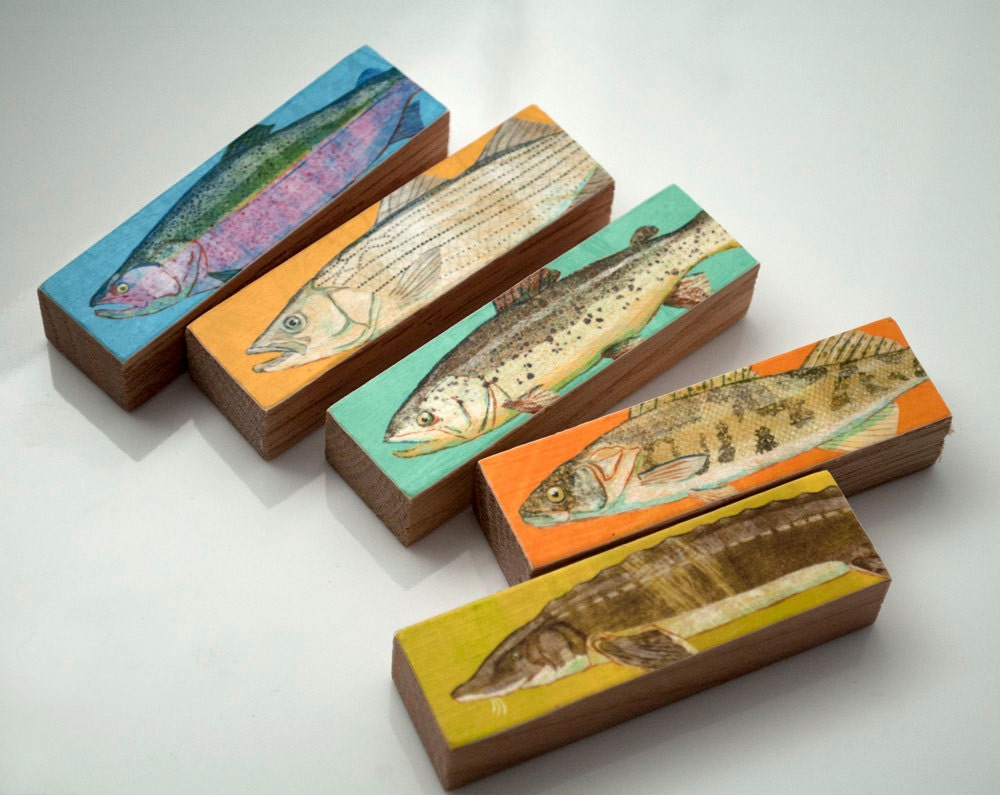 Fish Sticks - Freshwater Fish Art Block Set of 5 Fisherman Gift - Fishing Decor Art - Fathers Day Gifts - Gift for Dad - Dad Gift