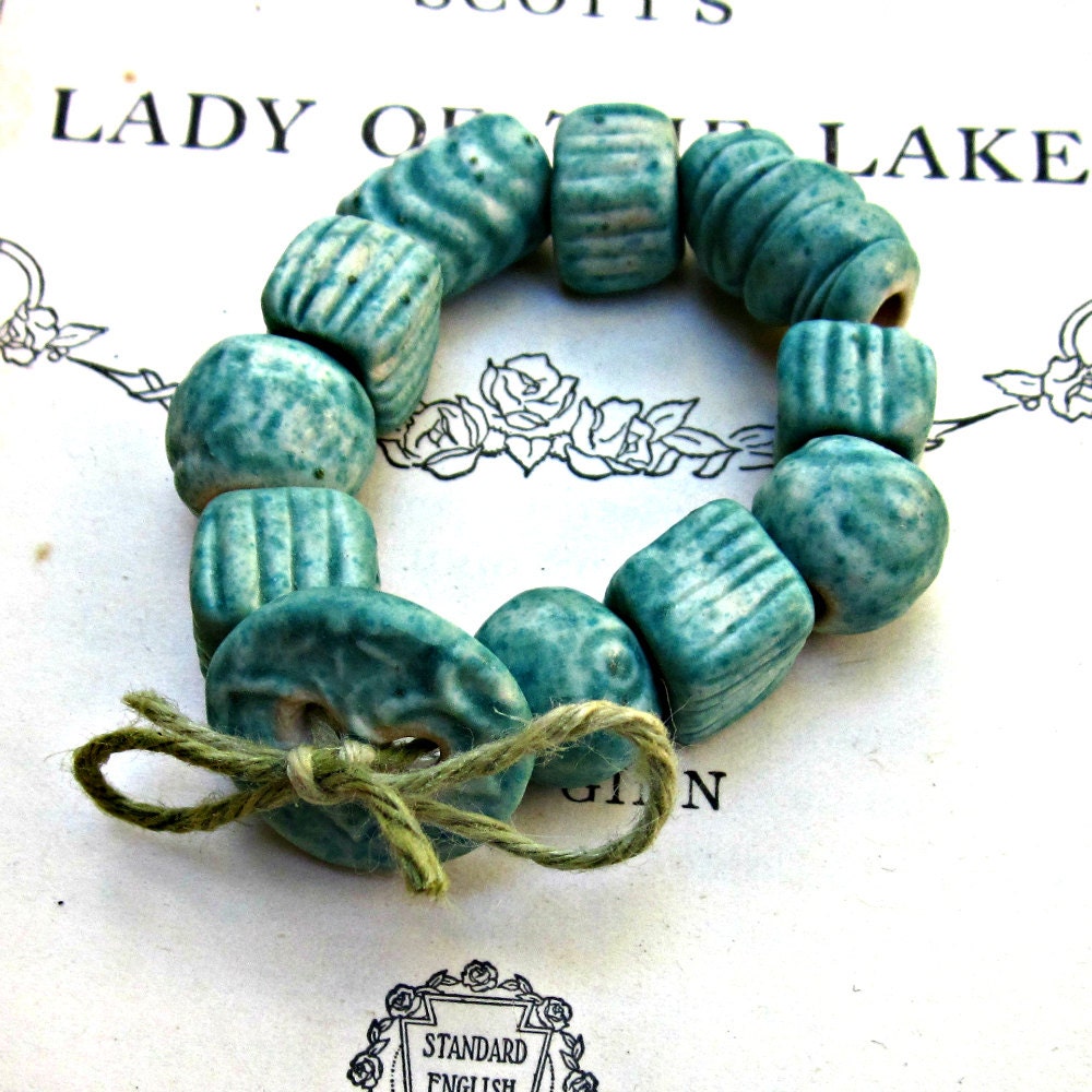 Textured Ceramic Bead Set Turquoise Matte Handmade
