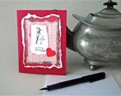 Love birds card stamped shabby chic valentine anniversary wedding I love you red checkered gingham distressed handmade home and living