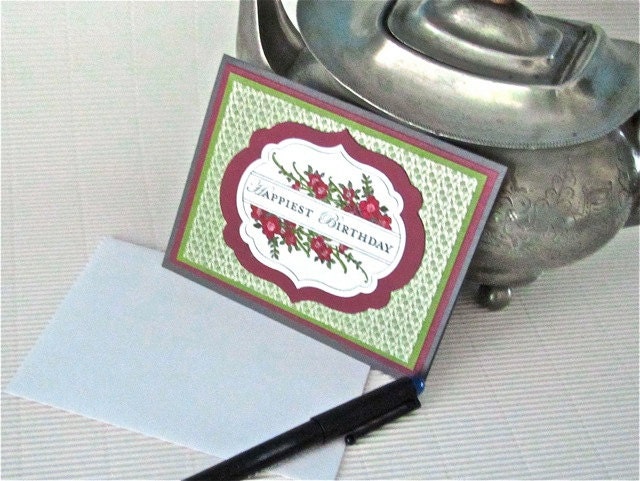 Happiest happy birthday card blank stamped watercolored vintage look teal green purple burgundy grey stationery greeting card home