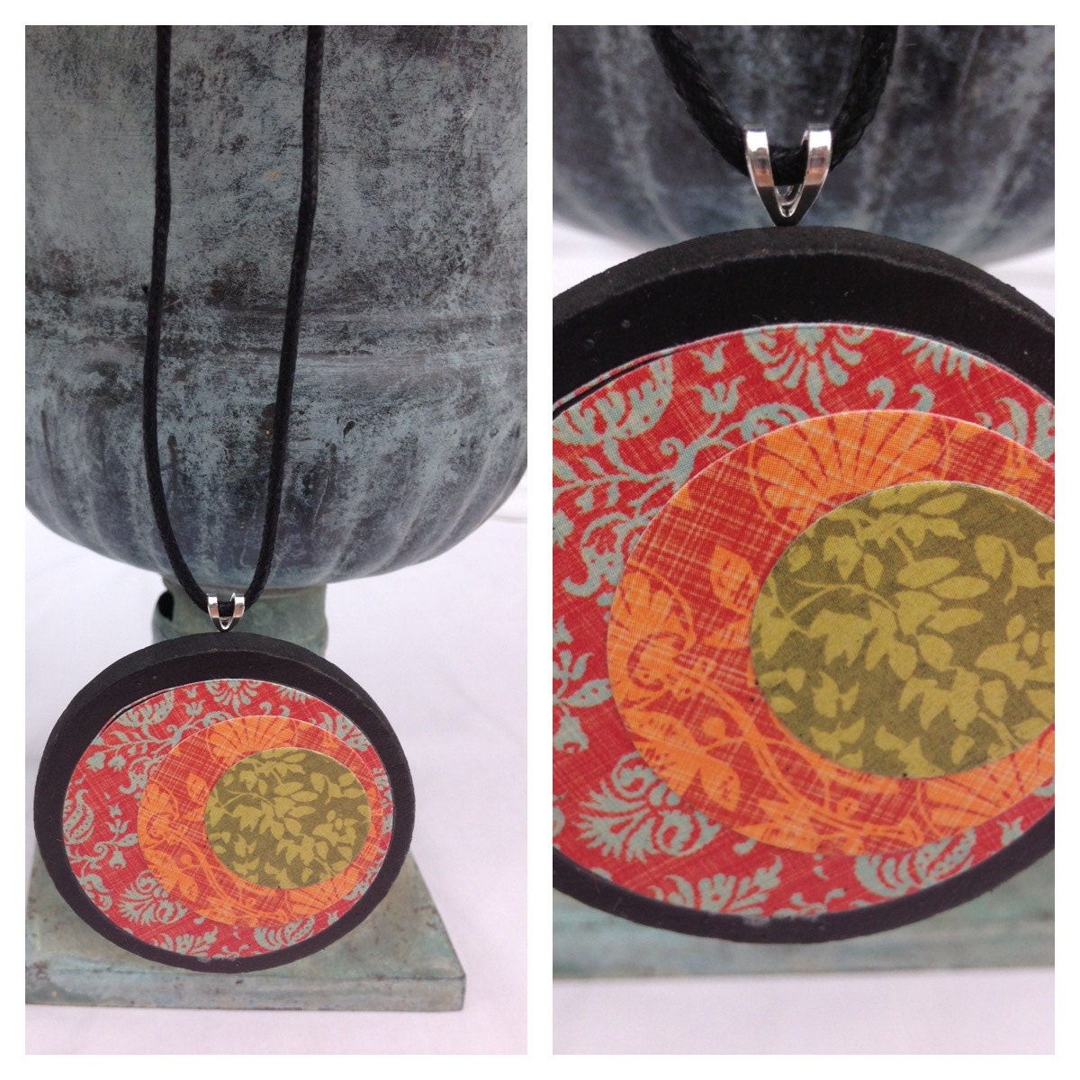 Graphic Necklace Pendant-Wooden Disc Pendant-Victorian Warmth