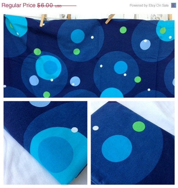 MID WEEK SALE- Circular Play Fabric-Blue Dots-Outer Space -Reclaimed Bed Linen Fabric