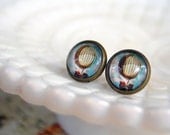 hot air balloon framed post earrings- victorian flight- antique brass