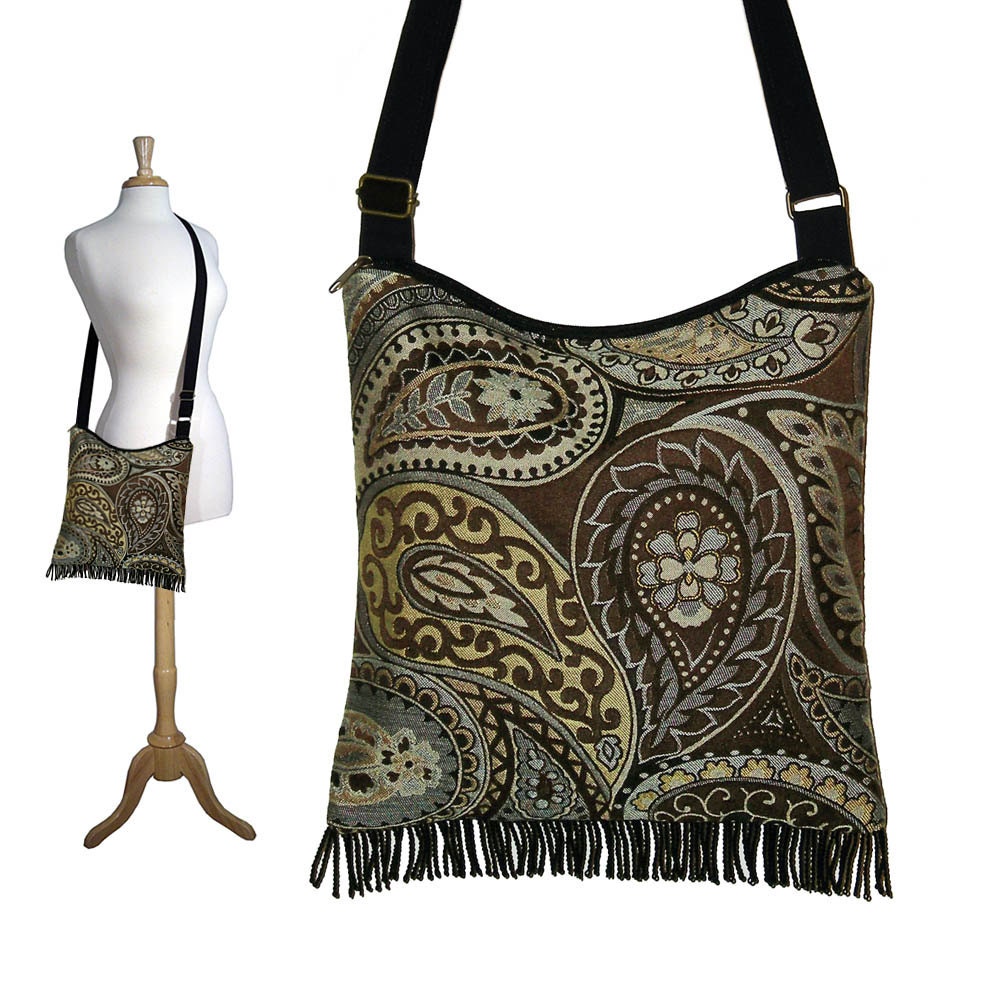 Boho Bag Hippie Purse Bohemian Gypsy Fringe Bag Purse with adjustable strap Paisley Tapestry (RTS)