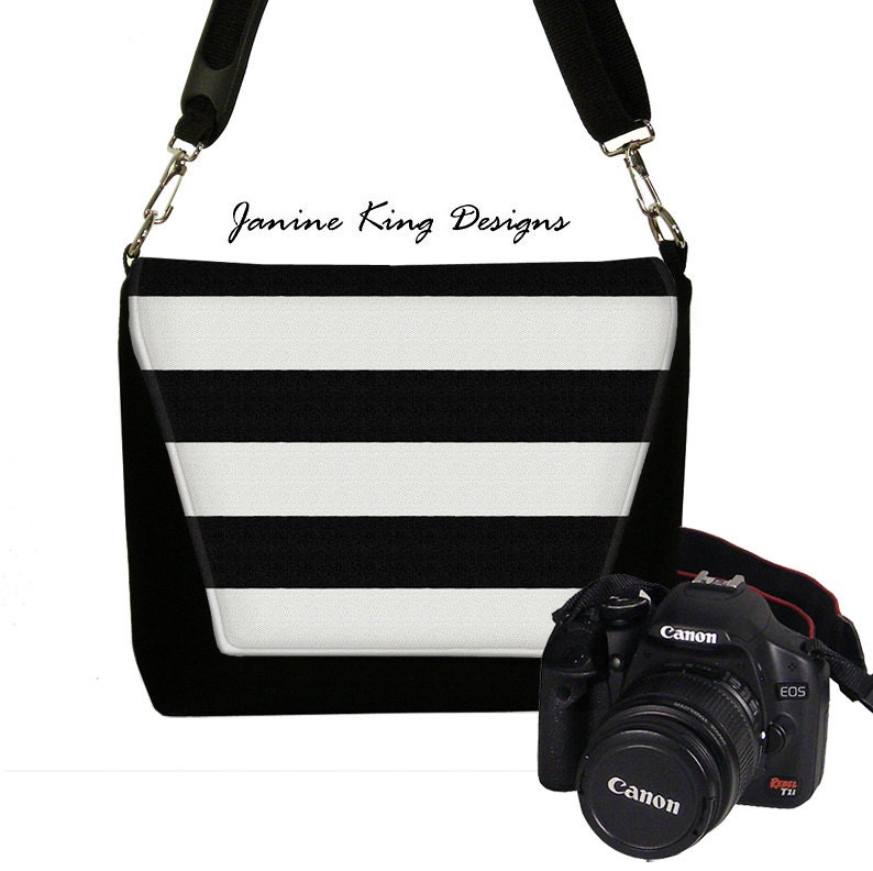 SALE Padded Water Resistant Camera Bag DSLR Camera Bag Slr Camera Bag Purse Pockets Woman's Camera Handbag  Padded Black White Stripes (RTS)