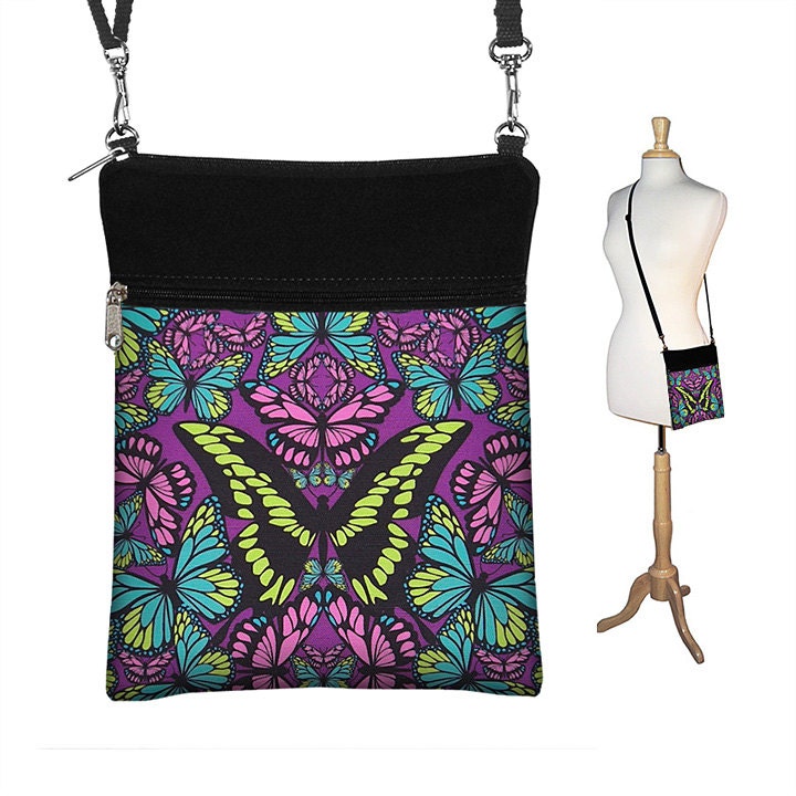 Butterfly Sling Bag Shoulder Purse Cross Body Bag Small Travel Purse Zipper Fits eReaders Purple Pink Teal Blue Chartreuse