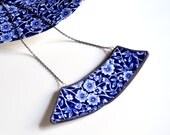 Large Wide Broken Plate Necklace - Blue Calico - Recycled China