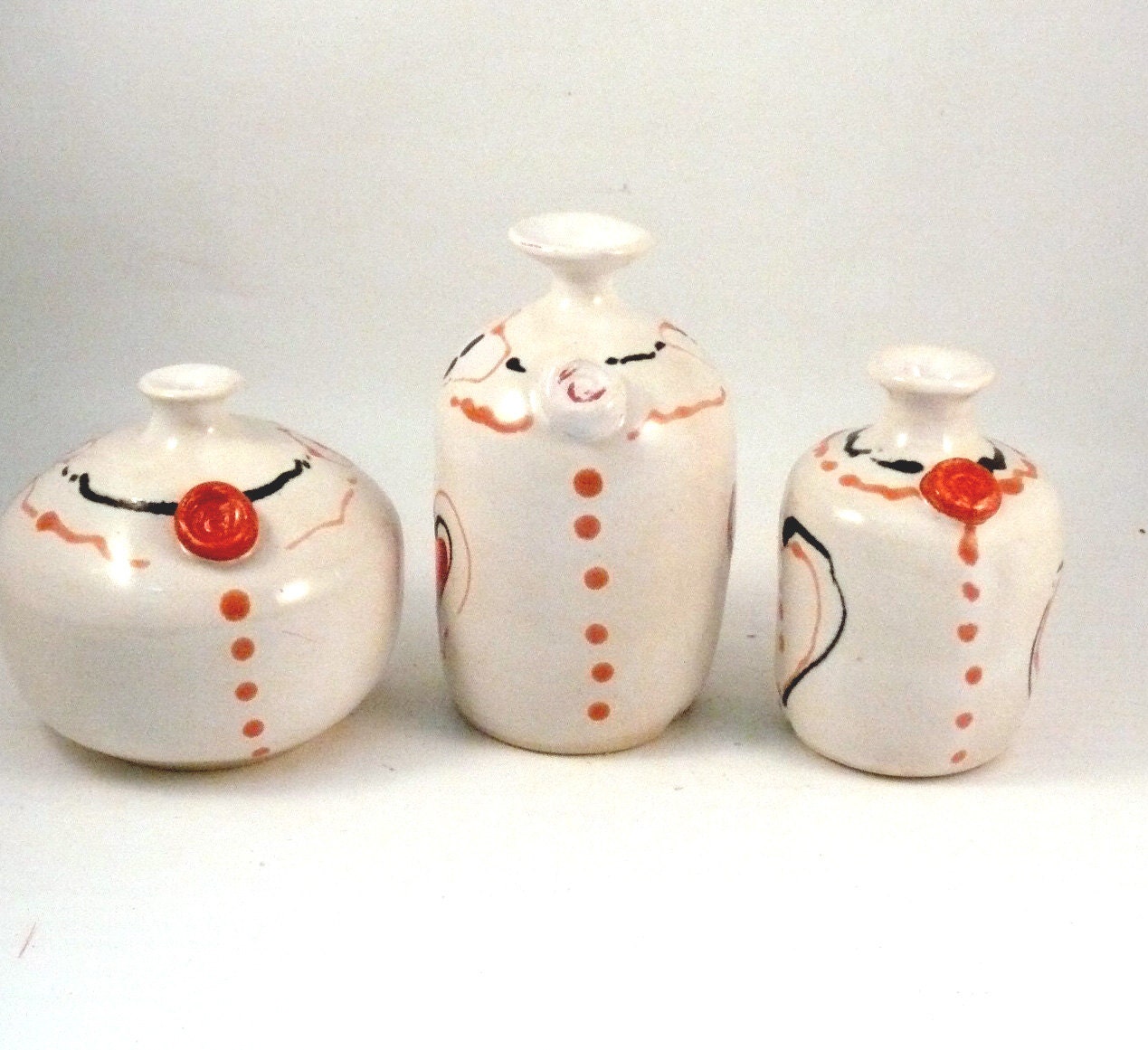 SALE Three Artistic Small Bud Vases with hearts in white, pink and red - Art Vessels Ship Today Wedding Collectible