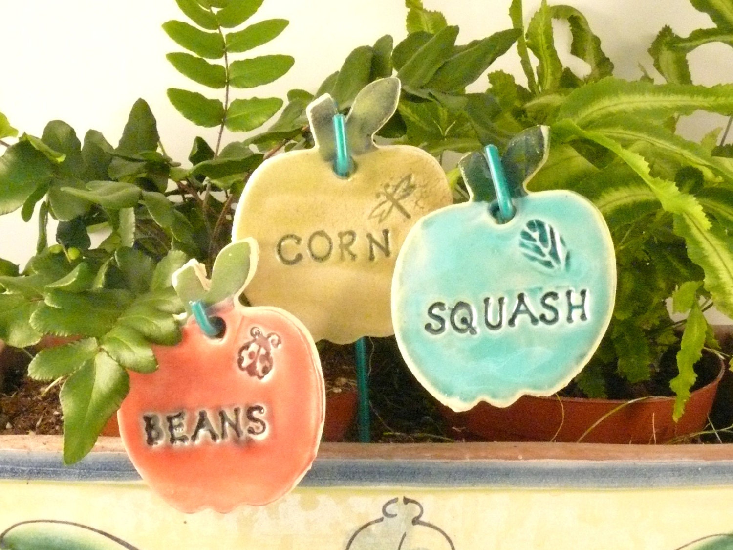 Three Herb and Garden plant markers ceramic plant signs with stakes IN STOCK / personalized herb garden signs Father's Day Gift
