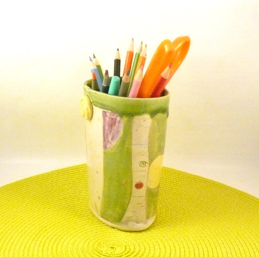 Handmade oval soap dispenser art vase or pencil holder / toothbrush holder O5 SHIPS TODAY