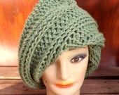 Crochet Hat Women Hat - JUDY Asymmetrical Womens Beanie Hat in Light Sage Green with Extra Wide Flap - Crochet Womens Hat - Custom Order