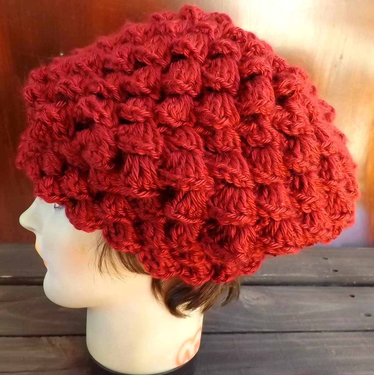 Crochet Hat Women Hat - LENA Womens Beret Hat Shell Stitch in Autumn Red - Custom Order